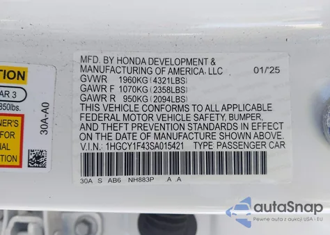 2025 Honda Accord Se from USA, damaged, VIN 1HGCY1F43SA015421